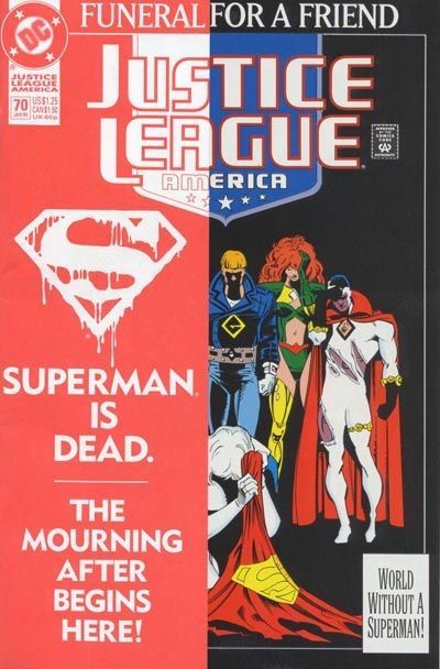 Justice League / International / America Funeral For a Friend - Grieving |  Issue#70A | Year:1992 | Series: Justice League | Pub: DC Comics | Direct Edition - Wraparound cover